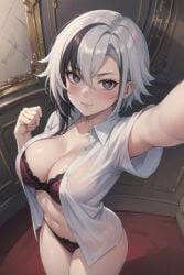 ai_generated arlecchino_(genshin_impact) belly_button big_breasts black_hair blush blush bra embarrassed embarrassed_female genshin_impact hoyoverse lingerie lingerie_only open_clothes open_shirt panties selfie selfie_pose setsuaiart setsumanga short_hair slim_waist two_tone_hair underwear wide_hips