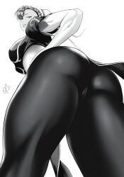 absurdres ass breasts cameltoe capcom chinese_clothes chun-li cleft_of_venus female from_below greyscale hair_bun half-closed_eyes hand_on_own_hip highres large_breasts lips looking_at_viewer mature_female milf monochrome mostlybluewyatt muscular muscular_female pantyhose parted_lips simple_background smile solo street_fighter thick_thighs thighs white_background