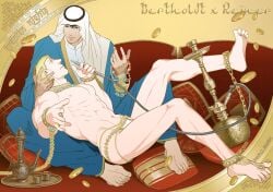 2boys ankle_cuffs arabian arabian_clothes attack_on_titan barefoot bertolt_hoover chained chains crossover doujin_cover gay harem_boy harem_outfit holding_head hookah jewelry looking_at_another lots_of_jewelry male male_only maledom malesub mostly_nude muscular muscular_male necklace reiner_braun slave smoking wrist_cuffs yaoi