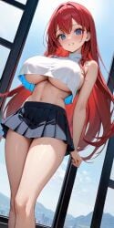 1girls ai_generated bangs bare_arms bare_legs bare_shoulders bare_thighs belly belly_button big_breasts blue_eyes breasts commentary_request cute female female_focus female_only girl girly large_ass lia_the_busty_redhead long_hair looking_at_viewer midriff miniskirt navel no_bra original original_character petite pleated_skirt red_hair self_upload shirt short_skirt skirt smile solo solo_female solo_focus tagme teen teenage_girl teenager thighs topwear underboob white_topwear young younger_female