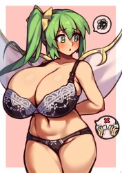 1girls alternate_breast_size big_breasts black_bra black_panties bra breasts coffeelove68 daiyousei fairy fairy_wings female green_eyes green_hair panties short_hair solo solo_female touhou