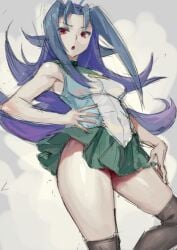 blue_hair female kamishiro_rio kazo legwear looking_at_viewer looking_down navel open_mouth pose red_eyes rio_kamishiro school_uniform short_skirt solo thick_legs yu-gi-oh! yu-gi-oh!_zexal