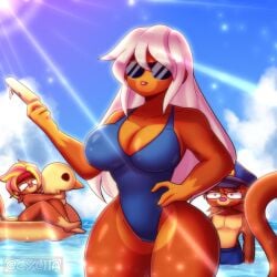 1boy 2girls admiral_brickell big_breasts bloons_tower_defense blush breasts cyliia gwendolin hourglass_figure large_breasts monkey monkey_girl popsicle primate sunglasses swimsuit tongue_out water white_hair wide_hips