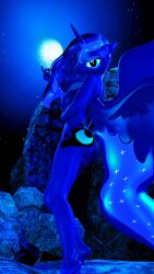 2018 3d 3d_(artwork) anthro anthrofied areola ass blue_eyes blue_theme breasts cutie_mark digital_media_(artwork) equine female friendship_is_magic horn looking_at_viewer mammal moon my_little_pony nipples nude pose princess_luna_(mlp) rock solo source_filmmaker thevioletghost unicorn winged wings