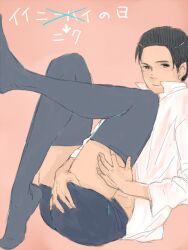 1boy attack_on_titan black_hair_male black_thighhighs cute_male freckles hands_on_thighs looking_at_viewer male_focus male_in_lingerie male_only marco_bodt shingeki_no_kyojin shirt_only shorts showing_off tempting thighhighs