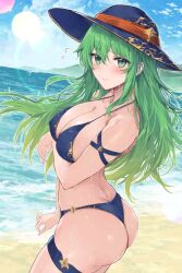 1girls alternate_costume ass bare_shoulders beach bikini blue_bikini blue_swimsuit blush breasts cleavage covered_nipples female female_only fire_emblem fire_emblem:_path_of_radiance fire_emblem:_radiant_dawn from_side gradient_hair green_eyes green_hair hat large_breasts long_hair looking_at_viewer midriff miyazakit multicolored_hair nephenee_(fire_emblem) nintendo ocean outdoors solo sun_hat swimsuit thigh_strap thighs yuuri_(orz_commushows)