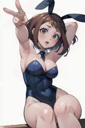 1girls ai_generated armpits arms_behind_head bangs bowtie breasts brown_eyes brown_hair bunny_ears bunnysuit collar fake_animal_ears female female_only highres looking_at_viewer medium_breasts my_hero_academia ochako_uraraka setsuaiart short_hair sitting slim_waist solo white_background wide_hips