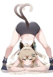 1girls :3 ai_generated ass ass_focus ass_up bare_legs bending_forward bending_over bent_over blonde_hair feet female female_only female_solo furry_ears furry_tail genshin_impact hoyoverse jack-o_pose kirara_(genshin_impact) long_hair looking_at_viewer setsuaiart setsumanga shorts slim smile smiling smiling_at_viewer socks solo stretching tied_hair top_down_bottom_up wide_hips