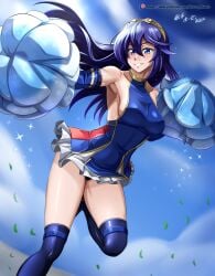 1girls blue_eyes blue_hair breasts cheerleader detached_sleeves dress fire_emblem fire_emblem_awakening hocen long_hair looking_at_viewer lucina_(fire_emblem) medium_breasts navel nintendo pom_pom_(cheerleading) pom_poms tiara