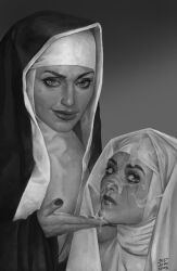 2d 2d_(artwork) 2girls after_sex assertive_female assisted_facial big_lips black_and_white black_nails breasts clothed clothing corrupted_nun cum_drip cum_dripping cum_dripping_down_chin cum_on_face cum_on_fingers cum_on_hand cum_on_lips dominant_female eyeshadow female female_focus fully_clothed futa_on_female futanari grayscale greyscale group_sex hand_on_chin holding_chin human human_only justsomenoob light-skinned_female light_skin lipstick looking_at_viewer looking_up looking_up_at_partner makeup monochrome mostly_clothed nipples nun nun's_habit nun_outfit painted_nails realistic religious_clothing religious_headwear running_mascara runny_makeup slutty_nun submissive_female veil