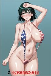 ai_generated american_flag_bikini big_breasts blush cameltoe fubuki_(one-punch_man) large_breasts sling_bikini small_waist smiling_at_viewer sweating watermark wide_hips