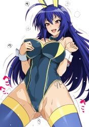 :d ? ahoge blue_hair blue_thighhighs bow bowtie breasts collarbone covered_navel detached_collar female green_bow green_bowtie green_leotard haruhisky highres kurokami_medaka large_breasts leotard long_hair medaka_box open_mouth playboy_bunny simple_background smile solo spoken_question_mark teeth thighhighs tongue upper_teeth_only white_background white_wrist_cuffs wrist_cuffs