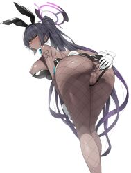 1girls animal_ears anus ass ass_focus bare_shoulders bent_over black_hair black_leotard blue_archive blush breasts cleft_of_venus clothing_aside commentary_request dark-skinned_female dark_skin detached_collar fake_animal_ears female fishnets gloves halo highleg highleg_leotard highres karin_(blue_archive) karin_(bunny)_(blue_archive) large_breasts leotard leotard_aside long_hair looking_at_viewer looking_back millennium_science_school_student munashi_mujou nipples official_alternate_costume playboy_bunny ponytail pussy rabbit_ears sidelocks simple_background solo thighs uncensored very_long_hair white_background white_gloves yellow_eyes