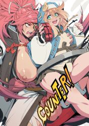 1boy 1femboy 1futa anal baiken big_breasts blonde_hair bridget clothing digital_drawing_(artwork) digital_media_(artwork) eyepatch femboy futa_is_bigger futa_on_femboy futa_on_male futanari guilty_gear guilty_gear_strive hoodie mikoyan penis pubic_hair red_hair trap