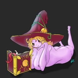 big_breasts busty chilling coco_(summoners_war) feet hat humor purple_skin reading_book summoners_war