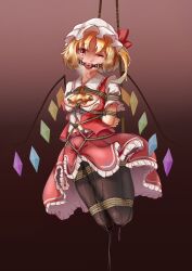 bad_id bad_pixiv_id bondage clothed_female dripping_pussy dripping_wet flandre_scarlet implied_vibrator langhh tagme tears thighhighs touhou wet_pussy