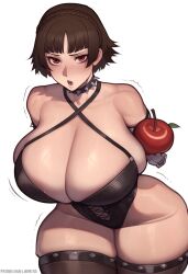 2d ai_generated atlus big_breasts breasts female huge_breasts light-skinned_female light_skin lucyla makoto_niijima outfit pale-skinned_female pale_skin persona persona_5 simple_background spiked_collar spiked_stockings sweating thick_thighs watermark