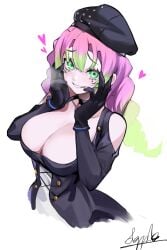 alternate_costume bangs bare_shoulders big_breasts black_gloves braided_hair choker cleavage demon_slayer female female_only gloves green_eyes grin hat kanroji_mitsuri kimetsu_no_yaiba long_hair looking_at_viewer mole_under_eye pink_hair smile solo spider_apple two_tone_hair