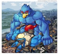 abs anthro areola avian beak biceps big_muscles biped bird black_body black_fur blue_body blue_feathers blue_fur border building bulge bulge_frottage burning canid canine city clothing destruction detailed duo eeveelution falco_lombardi feathers fur generation_2_pokemon generation_4_pokemon genital_outline hi_res kneeling kyris lucario lying macro male male/male mammal maxwell muscular muscular_anthro muscular_male nintendo nipples pecs penis_outline pokemon pokemon_(species) red_clothing red_underwear shiny_pokemon speedo spikes spikes_(anatomy) swimwear train umbreon underwear vehicle white_border wolfmalro