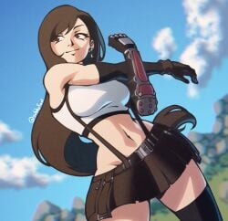 absurdres artist_name black_gloves black_skirt black_thighhighs blue_sky breasts brown_hair closed_mouth cloud cowboy_shot crop_top day earrings elbow_gloves female final_fantasy final_fantasy_vii final_fantasy_vii_remake gloves grass highres jewelry long_hair medium_breasts midriff miniskirt mountain nature navel outdoors red_eyes skirt sky solo stretching subbyfool suspenders swept_bangs tank_top thighhighs tifa_lockhart zettai_ryouiki