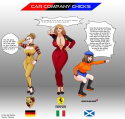 becsantus big_breasts boots bottomwear breasts brown_hair cleavage clothed clothing english_text female ferrari footwear germany group hair hat headgear headwear hi_res high_heels human italy letterbox light_body light_skin logo logo_on_clothing mammal mclaren miniskirt not_furry parody porsche profanity racing_suit satire scotland skirt speech_bubble sweater tan_body tan_skin text topwear trio wide_hips