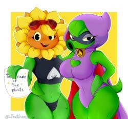 2girls fertilizing_(artist) flora_fauna flower green_shadow_(pvz) multiple_girls note panties peashooter_(pvz) plant_girl plant_humanoid plantie plants_vs_zombies plants_vs_zombies:_heroes popcap_games pvz solar_flare_(pvz) sunflower sunflower_(pvz) yuri