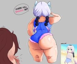 2girls ass ass_focus back_view big_ass big_legs blood_on_face blue_swimsuit cellulite cowgirl_position daniel_aart dragon dragon_girl fat_ass fat_butt female female_focus horn horns kanna_kamui kobayashi-san_chi_no_maidragon pink_hair purple_hair saikawa_riko short_hair shortstack swimsuit swimsuit_under_clothes thick_thighs white_hair