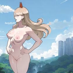 1girls blonde_hair chainsaw_man demon demon_girl demon_horns fangs hands_on_hips horns long_hair nude nude_female outdoors power_(chainsaw_man) shaved_pussy solo solo_female superaxlart yellow_eyes