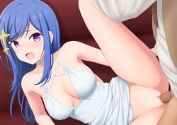 1boy 1girls blue_hair censored clothed_sex leg_up long_hair maha_(ansatsu_kizoku) mosaic_censoring on_side panriru sekai_saikō_no_ansatsusha_isekai_kizoku_ni_tensei_suru sex sideboob the_worlds_finest_assassin_gets_reincarnated_in_another_world_as_an_aristocrat vaginal_penetration white_dress