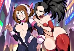 2girls ai_generated city corrupted corruption imminent_kidnapping large_breasts momo_yaoyorozu my_hero_academia novelai ochako_uraraka prostitute scared stripper thick_thighs uraraka_ochako yaoyorozu_momo