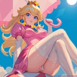 1girls ass blonde_hair blue_eyes breasts cameltoe clothing dress female female_only itzah legs_crossed long_hair looking_at_viewer looking_down mario_(series) mushroom nintendo outdoors panties pixel_art princess_peach sitting solo solo_female stockings super_mario_bros. thighs upskirt