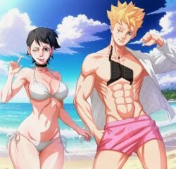 1boy 1girls abs aged_up beach bikini bikini_bottom bikini_top black_eyes black_hair blue_eyes body_scar boruto:_two_blue_vortex breasts chest_scar cleavage earrings female glasses height_difference jewelry male midriff muscular muscular_male naruto naruto_(series) one_eye_closed open_clothes open_shirt pose posing revealing_swimsuit sarada_uchiha saradauchihalove scar scar_across_eye seaside shirt shirt_partially_removed short_hair shorts skimpy skimpy_bikini smaller_female sticking_out_tongue swimsuit swimwear taller_male toned toned_male tongue tongue_out uchiha_symbol uzumaki_boruto whisker_markings whiskers yellow_hair