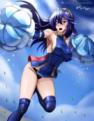 1girls blue_eyes blue_hair blue_panties breasts cheerleader detached_sleeves fire_emblem fire_emblem_awakening hocen long_hair looking_at_viewer lucina_(fire_emblem) medium_breasts navel nintendo panties pom_pom_(cheerleading) pom_poms tiara