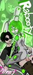 asian_male ass ass_grab blush clothing cum_in_pussy green_eyes green_hair lights neon_lights pretty_blood rabbot_(pretty_blood) reverse_cowgirl_position robot_girl robot_humanoid sex shades smile uwu_face