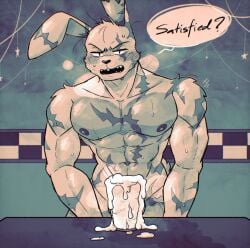 abs animatronic anthro blush cum cum_in_container detailed_background five_nights_at_freddy's five_nights_at_freddy's_3 fnaf hornbunxx lagomorph looking_at_viewer male male_only monochrome nipples panting rabbit rabbit_ears rabbit_tail scars sharp_teeth solo solo_focus speech_bubble springtrap springtrap_(fnaf) sweat sweating table text