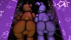 2boys absurd_res animatronic anthro ass ass_focus balls bear big_butt blush bonnie_(fnaf) bow_(feature) bow_tie brown_body clothing curtains duo five_nights_at_freddy's fnaf freddy_(fnaf) gay hi_res machine male male/male male_only mammal nsg_editor nude presenting presenting_ass purple_body rabbit robot scottgames shy tail thick_thighs top_hat