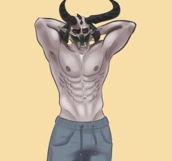 1boy 4_horns abs arms_up demon demon_boy doom doom_eternal elf_ears grey_skin hands_behind_head horn humanoid_pointy_ears male_only marauder_(doom) nipples pants pointy_ears solo tagme video_games