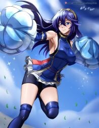 1girls blue_eyes blue_hair blue_panties blue_skirt breasts cheerleader detached_sleeves fire_emblem fire_emblem_awakening hocen long_hair looking_at_viewer lucina_(fire_emblem) medium_breasts midriff navel nintendo panties pom_pom_(cheerleading) pom_poms skirt thighhighs tiara