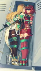 2girls arms_behind_back arms_tied arms_tied_behind_back blindfold blonde_hair bondage cad closet female_only helpless hi_res kaddo leggings legs_tied long_hair mythra nintendo pyra red_eyes red_hair rope_bondage short_hair sweat tied_up xenoblade_(series) xenoblade_chronicles_2 yellow_eyes