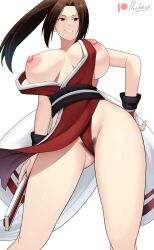 1girls big_breasts breasts brown_hair devilukez exposed_breasts fatal_fury female huge_breasts king_of_fighters long_hair loose_clothes low-angle_view mai_shiranui nipples ponytail pubes pubic_hair pubic_hair_peek revealing_clothes smile snk solo standing thick_thighs white_background wide_hips