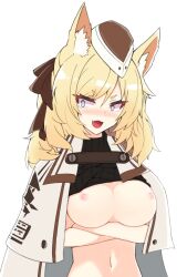 :d animal_ears arknights arms_under_breasts artworks/89120158 black_bow black_headwear black_sweater blonde_hair blue_eyes blush bow breasts cloak clothes_lift commentary_request eyebrows_visible_through_hair female hairbow hat highres horse_ears korean_commentary lancer_(worudrleh1) large_breasts long_hair navel nipples oerba_yun_fang open_mouth ribbed_sweater simple_background skin_fang smile solo stomach sweater sweater_lift thick_eyebrows turtleneck turtleneck_sweater upper_body v-shaped_eyebrows whislash_(arknights) white_background white_cloak