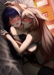 2girls absurdres animal_ears bare_shoulders bed_sheet bedroom blush bra breasts closed_eyes fox_ears garter_straps genshin_impact highres holding_another's_wrist holding_hands indoors interlocked_fingers kcirta_p licking licking_neck lingerie long_hair lying multiple_girls on_back on_bed one_eye_closed open_mouth panties pink_hair purple_eyes purple_hair raiden_shogun saliva sex strap_slip thighhighs tongue tongue_out underwear yae_miko yuri