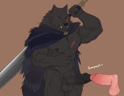 absurd_res anthro bara blaidd_(elden_ring) blush canid canine canis cape cape_only clothed clothing duo elden_ring erection fangs fromsoftware genitals hi_res human human_on_anthro interspecies male male/male male_only mammal melee_weapon mostly_nude muscular muscular_male nipples partially_clothed partially_clothed_male penis scar seyrmo standing sword video_games weapon wolf