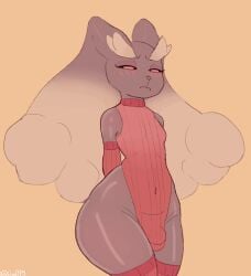 2d 2d_(artwork) anthro blush bulge clothed clothing comfy cute_eyes detailed_bulge digital_media_(artwork) femboy fur furry furry_only go0pg legwear leotard lopunny male male_lopunny nintendo plain_background pokémon_(species) pokemon pokemon_(species) simple_background solo stockings sweater thick_thighs topwear trap turtleneck_sweater video_games wide_hips