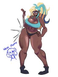 1girls ass_slap blue_eyes buff carol_(carro3dsculpts) dark-skinned_female dark_skin dialogue funy0nion multicolored_hair pubic_hair