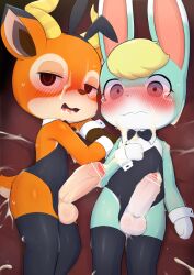 absurd_res animal_crossing anthro balls beau_(animal_crossing) bed black_clothing blonde_hair blush bodily_fluids bow_tie cervid clothed clothing crossdressing cuffs_(clothing) cum cum_in_mouth cum_inside cum_on_arm cum_on_bed cum_on_face duo erection fake_ears fake_rabbit_ears fur furniture genital_fluids genitals green_body green_fur grey_eyes hair half-closed_eyes hi_res horn humanoid_genitalia humanoid_penis lagomorph leggings legwear leporid looking_at_viewer male male/male mammal narrowed_eyes nintendo open_mouth orange_body orange_fur penis rabbit sasha_(animal_crossing) sweat sweatdrop swimwear video_games yousan