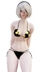 3d bathing_suit blue_eyes cosplay crossover_cosplay female kitagawa_marin_(cosplay) leaning_forward nier:_automata nier_(series) renderingbutts sono_bisque_doll_wa_koi_wo_suru white_hair yorha_2b