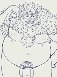 2022 5gomashio anthro belly big_belly closed_eyes genitals hi_res humanoid_genitalia humanoid_hands humanoid_penis kemono kimun_kamui_(tokyo_afterschool_summoners) lifewonders male mammal moobs nipples overweight overweight_male penis simple_background solo tokyo_afterschool_summoners towel ursid video_games