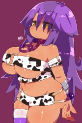 :o animal_print antenna_hair armband arms_behind_back bandeau beltbra breasts chains collar cow_print dark-skinned_female dark_skin eyes_visible_through_hair female groin hair_ornament hairclip highres katamari_dragon large_breasts long_hair navel original pelvic_curtain plump purple_hair shortstack simple_background single_thighhigh skindentation solo striped striped_legwear thighhighs underbust very_long_hair yellow_eyes