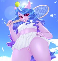 anthro anthrofied blue_hair equid equine female genitals gunya hair hand_on_hip hasbro holding_object horn izzy_moonbow_(mlp) low-angle_view mammal mlp_g5 my_little_pony pussy solo tennis_racket unicorn